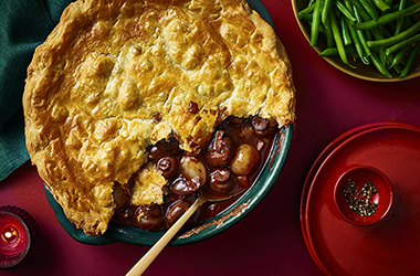 Mushroom bourguignon-style pie