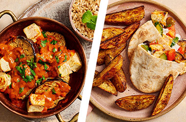 Aubergine and paneer curry bowls AND tikka pittas