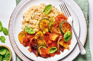 Baked ratatouille with butter bean mash