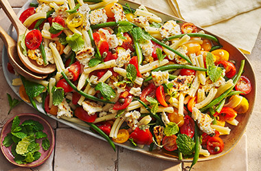 Baked ricotta, tomato and green bean pasta salad