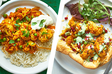 Cauliflower and pea curry AND samosa tart