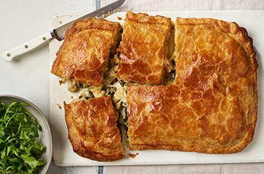 Cauliflower cheese, leek and spring greens pie