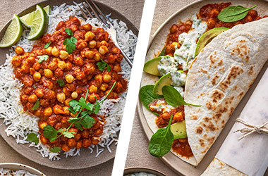 Chana masala curry AND spiced chickpea wraps