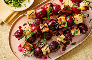 Cherry and hot honey halloumi skewers