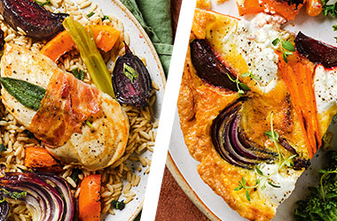 Chicken and root veg traybake AND ricotta frittata