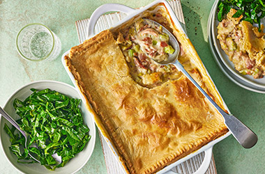 Chicken, leek and bacon pot pie with garlicky greens