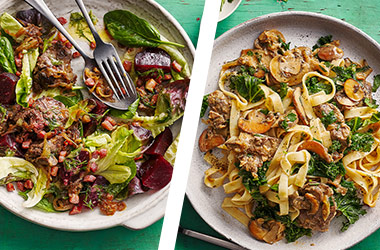 Chicken liver tagliatelle AND chicken liver and beetroot salad