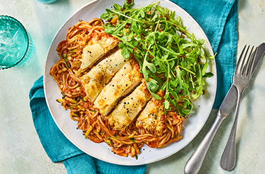 Air-fryer chicken parmigiana with spaghetti