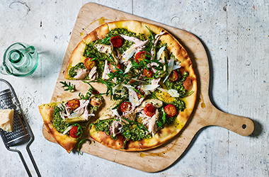 Chicken and pesto pizzas