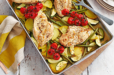 Chicken traybake with vine tomatoes and courgettes