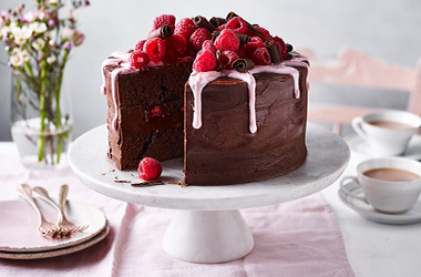 Chocolate and raspberry fudge cake