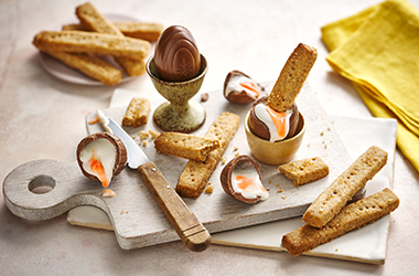 Chocolate ‘dippy eggs’ and brown butter shortbread soldiers