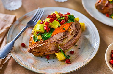 Creamy leeks and chorizo sweet potatoes
