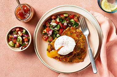 Dhal fritters with cucumber and tomato salad