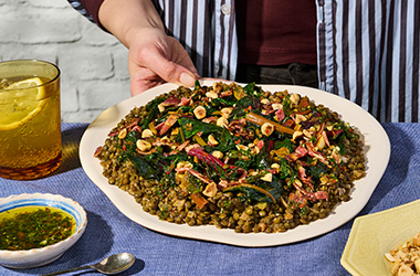Seema’s braised lentils with rainbow chard and charred lemon gremolata