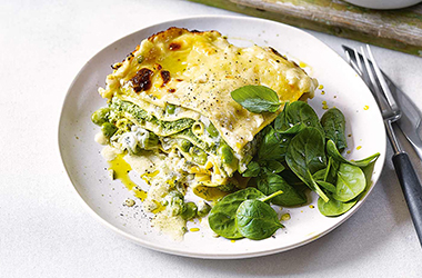 Four-cheese and spring vegetable lasagne