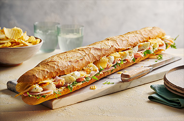 Giant sharing ham, egg and crisps baguette