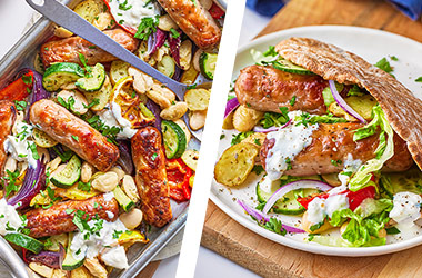 Greek-style sausage traybake AND sausage pittas