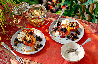 Griddled peach and blueberry parcels