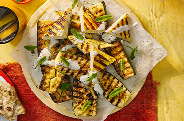 Grilled spiced paneer with charred courgettes