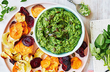 Watercress guacamole with homemade vegetable crisps