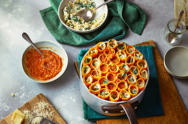 Honeycomb pasta with melted leeks and butternut squash sauce