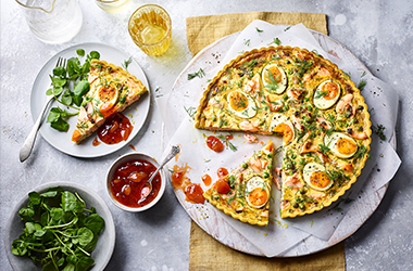 Kedgeree-style salmon tart