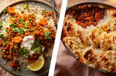 Lentil shepherd's pie AND keema curry