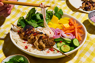 Massaman chicken skewers with rice noodle salad