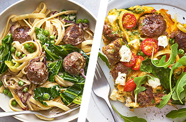 Meatball and greens spaghetti AND meatball frittata