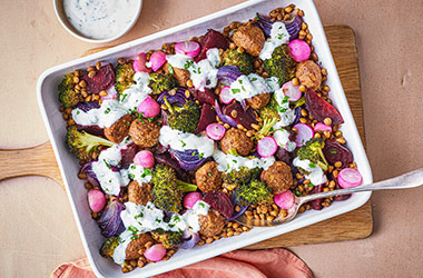 Meatball, beetroot and lentil bake