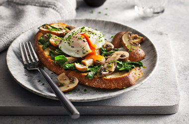 Microwave poached eggs with soy butter mushrooms