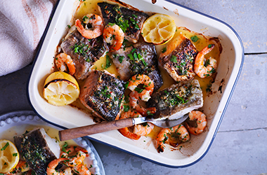 Mixed seafood roast with lemon and gremolata