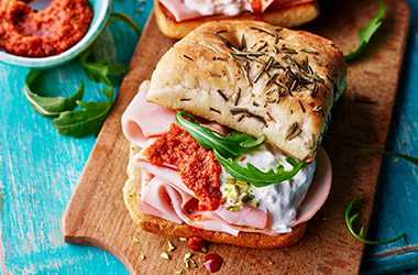Mortadella, burrata and red pesto sandwich