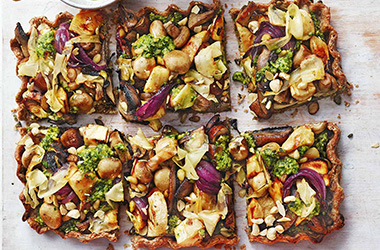 Mushroom nut roast tart with pesto