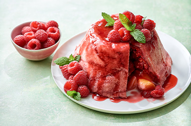 Peach melba summer pudding
