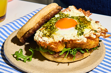 Pesto feta fried egg breakfast muffin