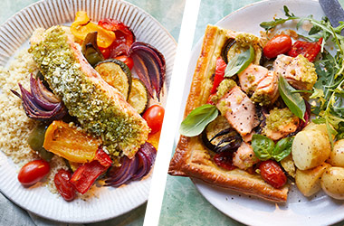 Pesto-crusted salmon AND roasted veg tart