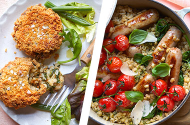 Pesto sausage one-pot AND pearl barley cakes