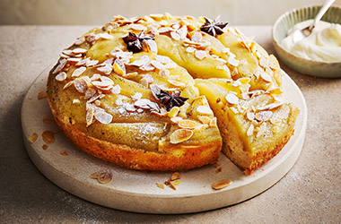 Poached pear upside-down cake