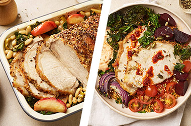 Pork and bean traybake AND pork rainbow bowl
