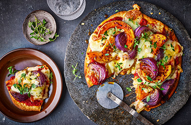 Pumpkin and blue cheese pizzas