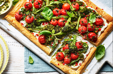 Purple sprouting broccoli tart
