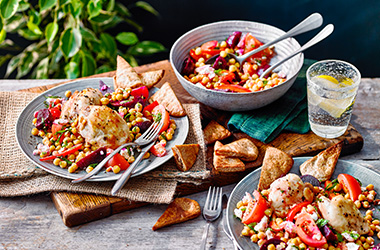 Crispy roast chicken thighs with beetroot and chickpea salad