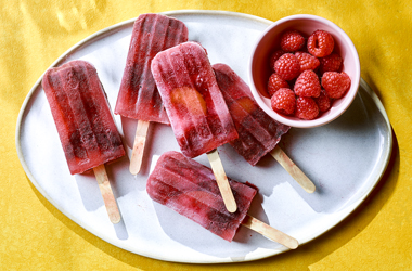 Roasted plum and raspberry lollies