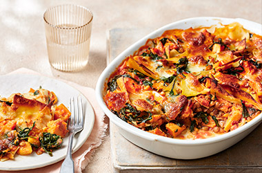 Roasted sweet potato and spinach 'broken lasagne'