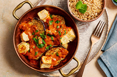 Roasted aubergine and paneer curry bowls