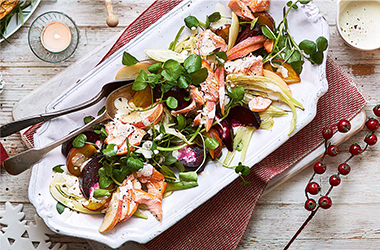 Roasted beetroot, fennel and apple salad with hot smoked salmon