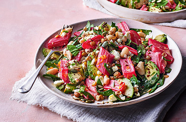 Roasted rhubarb, feta and lentil salad