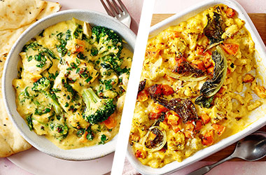 Roasted veg mac and cheese AND chicken and spinach curry